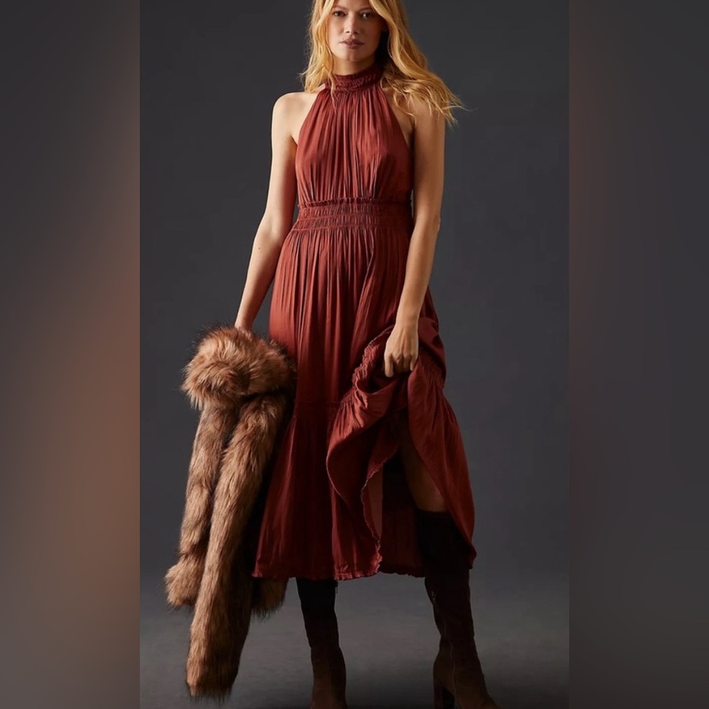 Anthropologie high neck midi dress in burnt orange